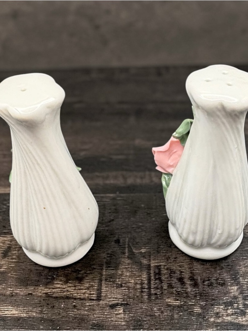 Vintage Porcelain White Salt & Pepper Shakers w/ Molded Pink Rose & Green Leaves - Picture 4 of 12